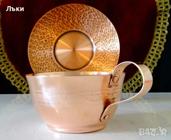 Медна чаша с чиния,чиста червена мед. , снимка 3 - Антикварни и старинни предмети - 50276439