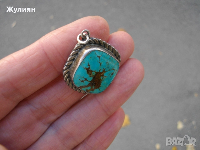 СТАРА СРЕБЪРЕНА ВИСУЛКА С ТЮРКОАЗ , снимка 4 - Антикварни и старинни предмети - 51787542