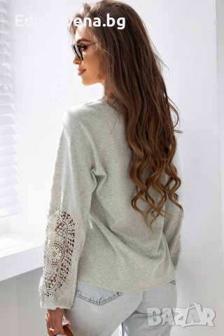 Дамска блуза в сиво с дълъг ръкав и ефектна бродерия, снимка 2 - Блузи с дълъг ръкав и пуловери - 44414688
