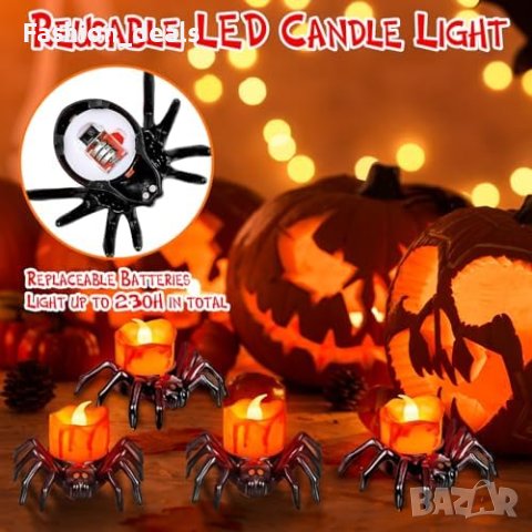 Нови 6 броя Безпламъчни LED Светещи Свещи за Хелоуин с Дизайн на Паяк , снимка 2 - Други - 42641347