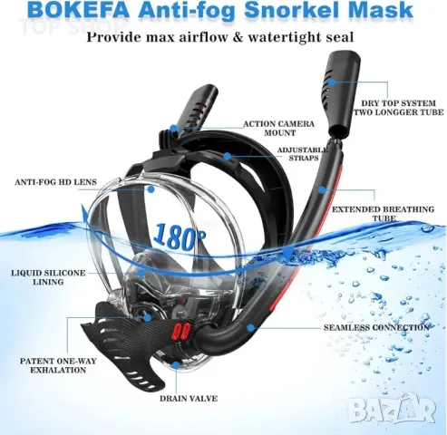 BOKEFA Цялолицева маска за шнорхел със закрепване на камерата S/M, снимка 4 - Спортна екипировка - 48777056