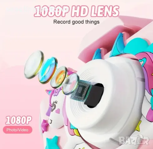 Детски фотоапарат с еднорог 32GB sd карта противоударен игри, снимка 5 - Други - 48441027