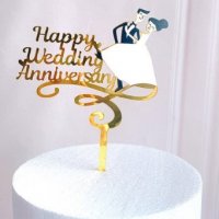 Happy Wedding Anniversary честита Годишнина Юбилей двойка златист пластмасов топер табела за торта, снимка 1 - Други - 31272169