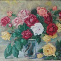 Картина, ваза с цветя, худ. Ив. Айд., 1960-те год., снимка 2 - Картини - 40586955