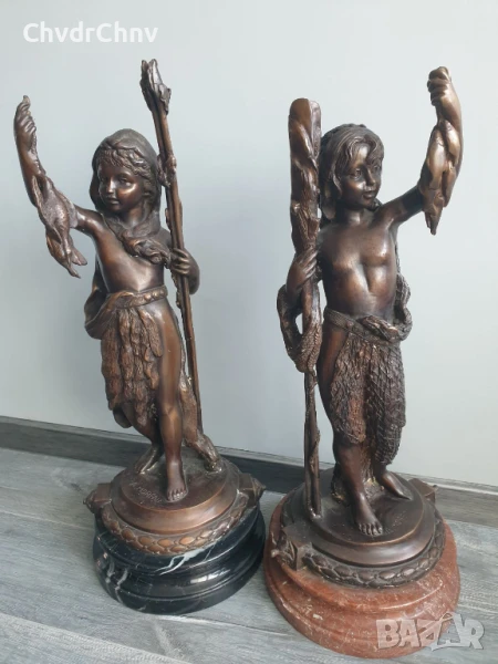 Moreau статуетки 76см-40кг/2бр чифт стари големи бронзови скулптури/фигура на ловец-рибар, снимка 1