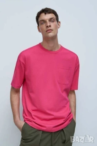 Мъжка тениска с джоб Zara, 100% памук, Розова, XL, снимка 1