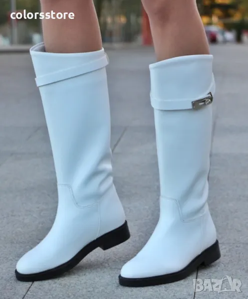 Равни ботуши - бяла кожа с черна подметка - НS22, снимка 1