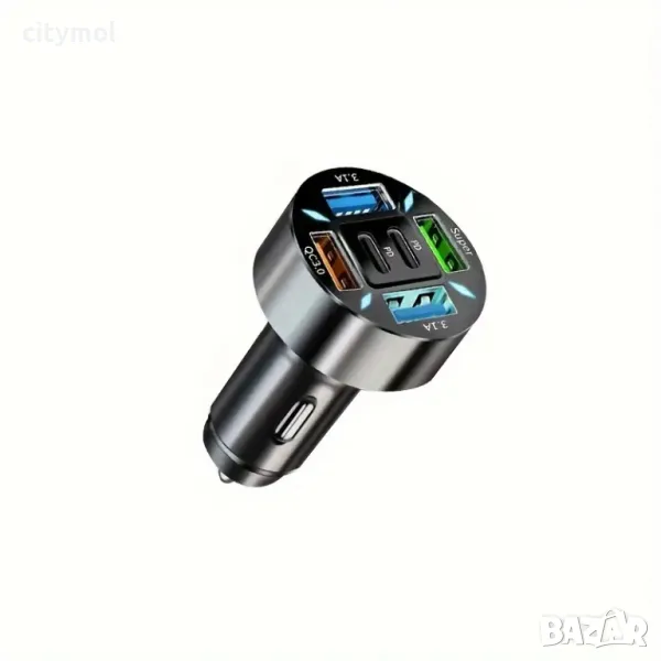 Зарядно за кола с 4 x USB  и 2 x Type C порта, LED, снимка 1