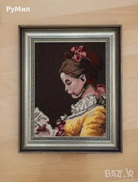 Ретро гоблен* " Момичето с книгата" * Рамка от дърво, снимка 1