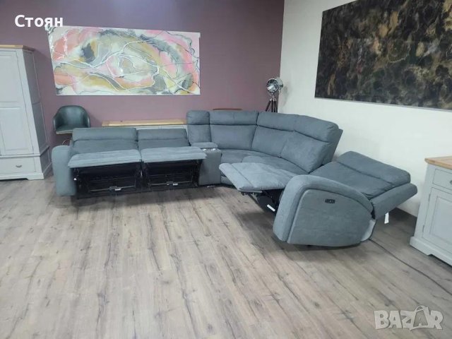 Сив ъглов диван от плат с електрически релаксиращ механизъм, снимка 2 - Дивани и мека мебел - 44342839