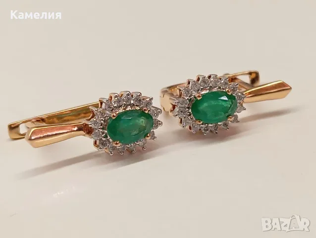 Руско злато. Обеци с брилианти и изумруди, снимка 2 - Обеци - 56256689