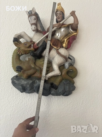 Уникална дърворезбована икона „Св. Георги Победоносец“ – Австрия, 1986 г, снимка 2 - Антикварни и старинни предмети - 56243207