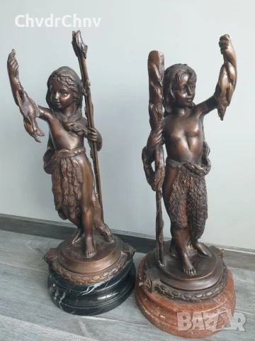 Moreau статуетки 76см-40кг/2бр чифт стари големи бронзови скулптури/фигура на ловец-рибар