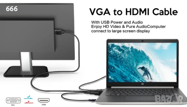 Кабел VCOM HDMI към VGA и 3.5 мм жак и USB - CG493A-1.8, снимка 7 - Друга електроника - 53883754