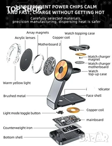 Ново Магнитно безжично зарядно устройство 15W/Сгъваема стойка, снимка 3 - Безжични зарядни - 49498297