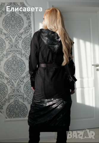 Дамско модерно дълго яке в черен цвят , снимка 3 - Якета - 44793385