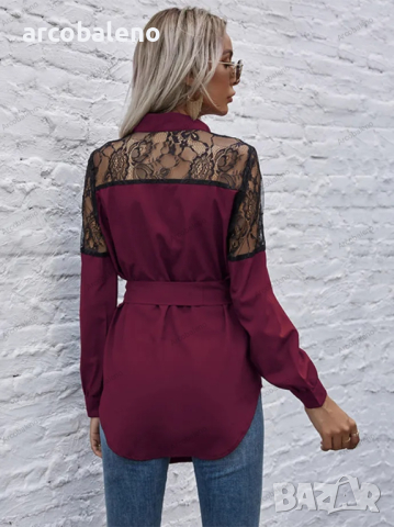 Дълга кръгла яка, дълги ръкави и талия, дамска дантелена риза, 4цвята , снимка 14 - Ризи - 44784483