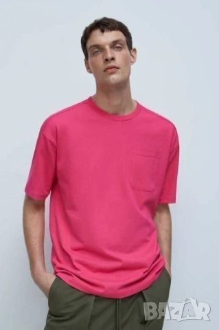 Мъжка тениска с джоб Zara, 100% памук, Розова, XL