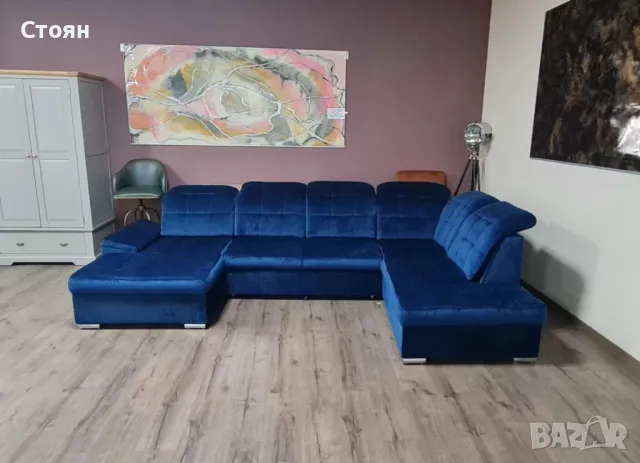 Син П образен ъглов диван от плат Nigrum с функция сън