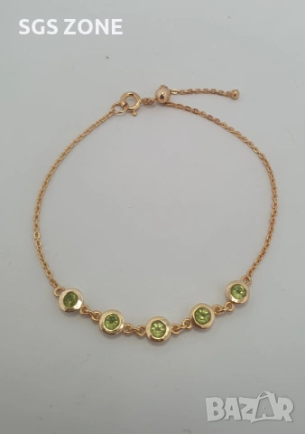 Нежна позлатена сребърна гривна с естествен перидот, снимка 3 - Гривни - 53007542