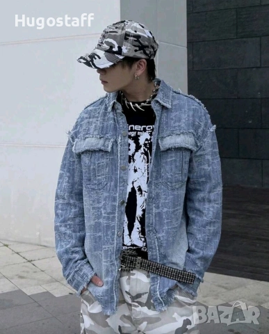 Ново мъжко карго дънково яке риза Street Style разкъсано овърсайз деним памук ХЛ