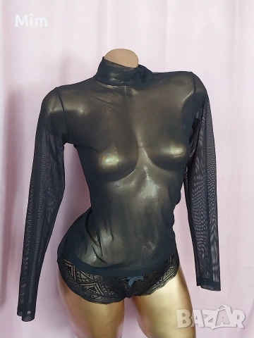 S/M Черна блуза с дълъг ръкав от прозрачен еластичен тюл , снимка 4 - Блузи с дълъг ръкав и пуловери - 54130135