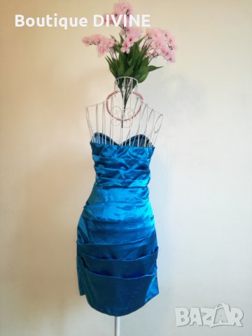 Синя сатенена рокля, снимка 3 - Рокли - 29088825