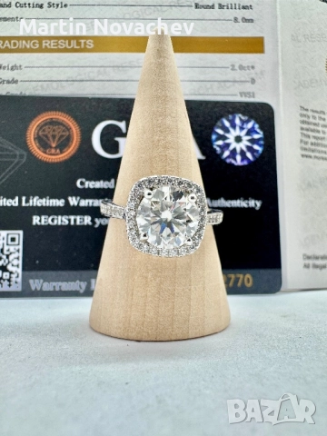 Сребърен пръстен с мойсанит (Диамант) 2 карата, снимка 3 - Пръстени - 52755515