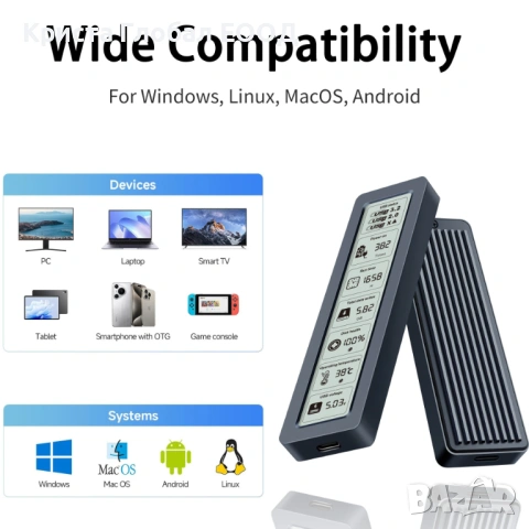 Професионален NVMe/SATA Корпус с S.M.A.R.T. LCD Екран и Реално Охлаждане | 10Gbps, снимка 4 - Друга електроника - 54005160