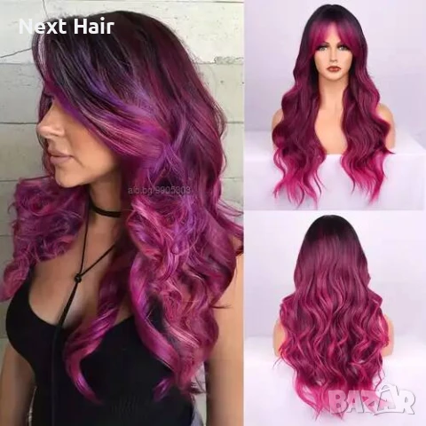 Омбре перука розово червена циклама с черни корени и бретон