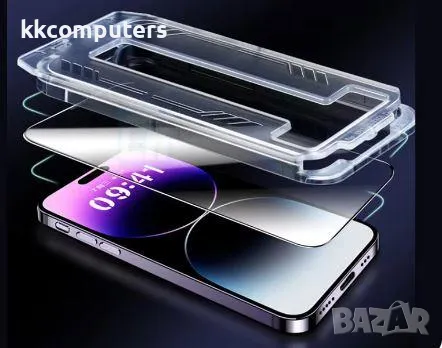 Стъклен screen protector Easy Stick с монтажна рамка за iPhone 13 / 13 Pro / 14 6.1 / Черен / Баркод