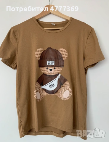 Нова широка дамска тениска с принт мече в цвят карамел, снимка 2 - Тениски - 54127344