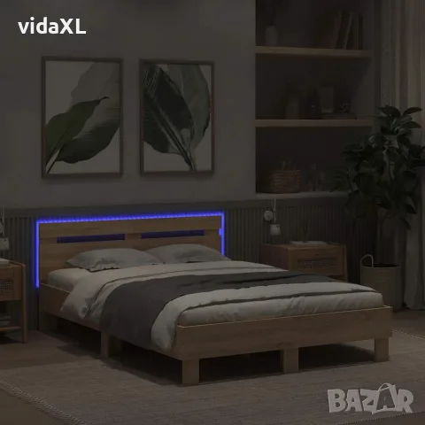vidaXL Рамка за легло с табла и LED, дъб сонома, 120x200 см, снимка 4 - Спални и легла - 56146677