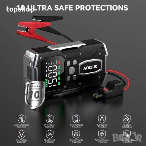 НОВА ACEZUK Стартерна батерия с пикова мощност 26800 mAh 6000 A, компресор 150 PSI, 4-в-1 с дисплей, снимка 4 - Аксесоари и консумативи - 51598053