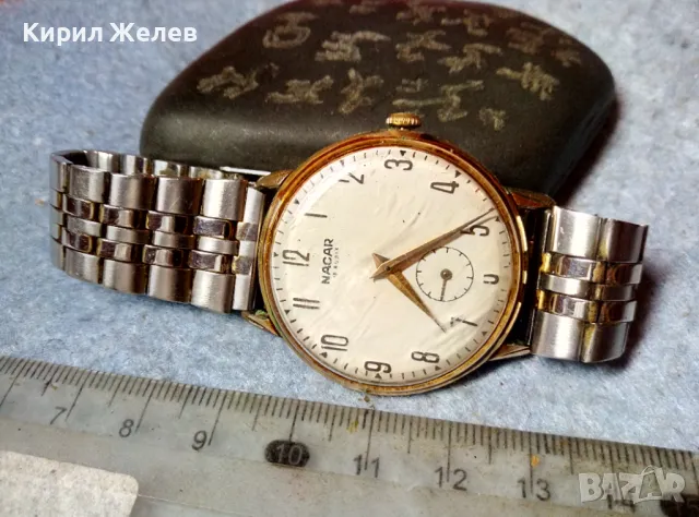 NACAR 18 RUBIS PLAQUE G10 Стар ЛУКС МОДЕЛ ШВЕЙЦАРСКИ ЧАСОВНИК с ПОЗЛАТА 10 МИКРОНА РАБОТЕЩ 214851, снимка 6 - Антикварни и старинни предмети - 48275689