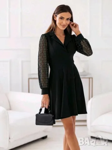 Черна официална рокля с ефектен ръкав 