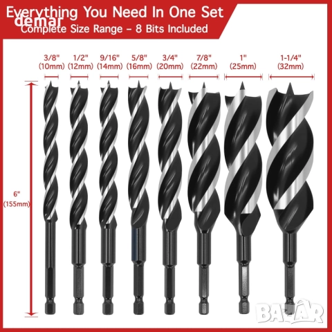 Комплект свредла за дърво Keewaki Auger – 8 броя с шестостенна опашка,дължина 155мм,от 10мм до 32мм, снимка 4 - Други инструменти - 51733003