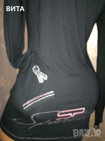 Sportalm- M- Черна блуза с  панделка с розови камъчета , снимка 3 - Блузи с дълъг ръкав и пуловери - 44348309
