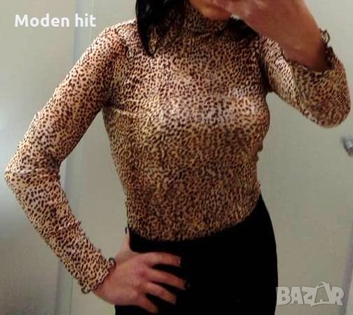 Поло от еластичен тюл - леопардов принт, снимка 3 - Блузи с дълъг ръкав и пуловери - 30383576