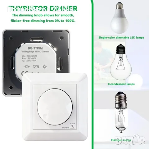 Въртящ се LED димер 230V 5-400W за вграждане – Едноцветен, снимка 4 - Други - 55892393