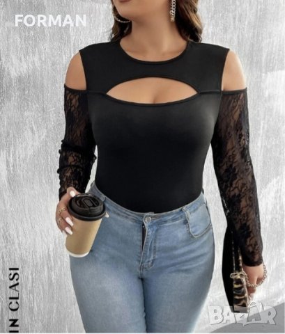 Черна блуза с отворени рамене и дантелени ръкави , снимка 3 - Тениски - 42227967