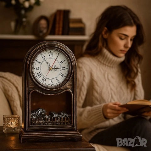 Винтидж настолен часовник с LED камина – уют и стил в едно, снимка 2 - Други стоки за дома - 51923969