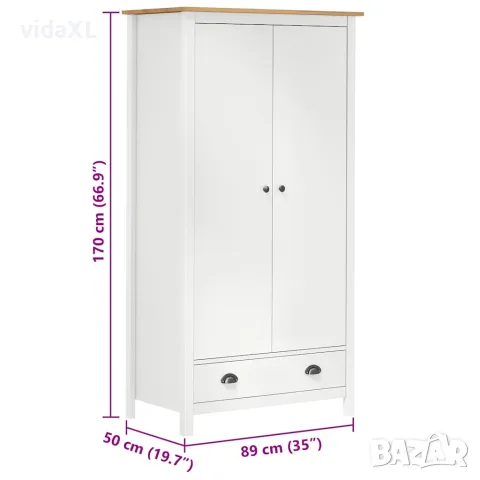 vidaXL Гардероб с 2 врати Hill бял 89x50x170 см борово дърво масив, снимка 8 - Гардероби - 56146490