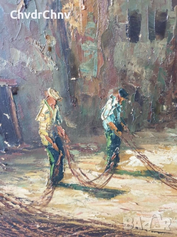 Sirokos 110х70см Сиорокос/стара гръцка голяма картина масло върху платно/морски пейзаж/рибари-лодки, снимка 6 - Картини - 52207867