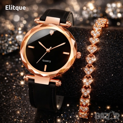 Елегантен дамски комплект часовник и гривна с розово злато, снимка 5 - Гривни - 52853459