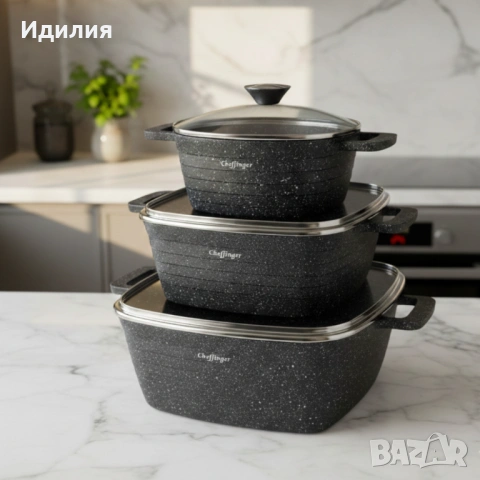 Комплект тенджери – Cheffinger от 3 части с мраморно покритие и капаци + подарък 2 ръкавици, снимка 8 - Съдове за готвене - 53139229