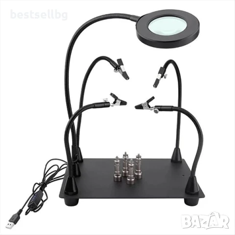 Увеличителна настолна лупа магнитна станция за запояване с LED осветление трета помощна ръка щипки к, снимка 8 - Поялници и запояване - 50876444