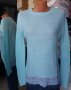 КРАСИВА блуза от еластично плетиво в цвят мента с широка дантела в долния край , снимка 1 - Блузи с дълъг ръкав и пуловери - 42873870