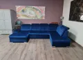 Син П образен ъглов диван от плат Nigrum с функция сън, снимка 1
