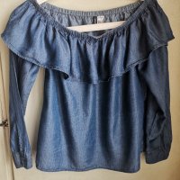 Дънкова блуза с паднали рамене , снимка 1 - Блузи с дълъг ръкав и пуловери - 38134104